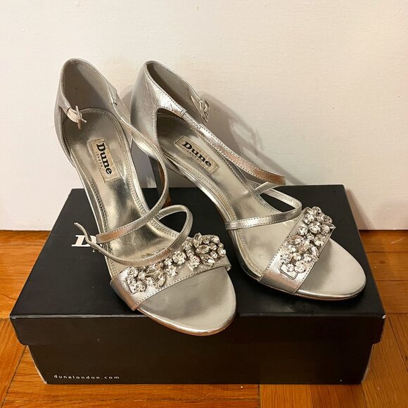 Dune London Silver Leather Strappy Heels | Size 39 | Rhinestone Glam Sandals - Picture 1 of 10